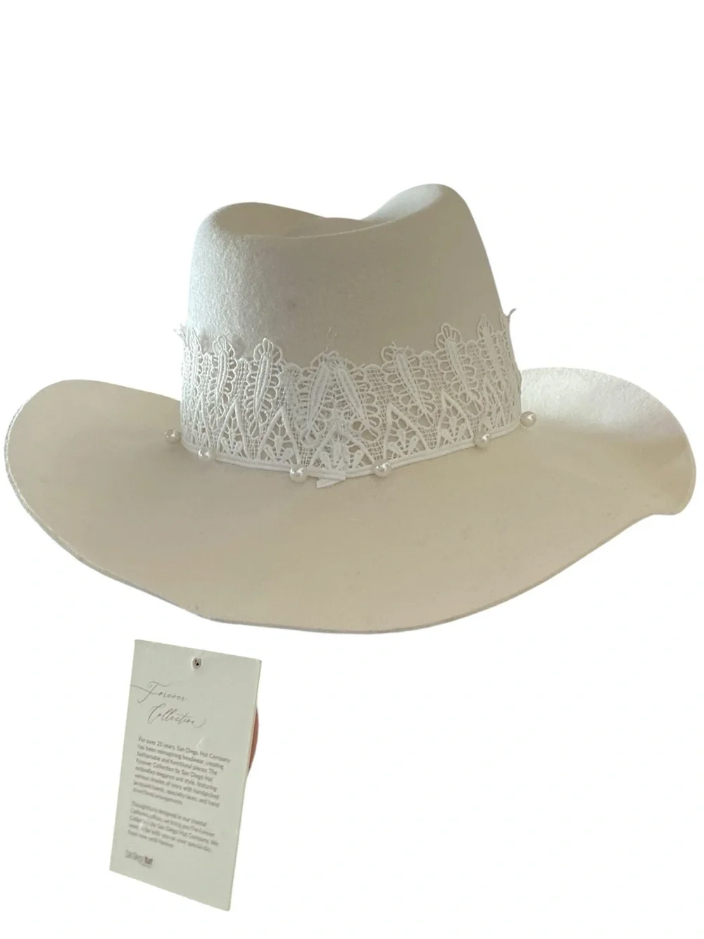 SD Hat Co Now & Forever Wool Felt Cowgirl Hat Lace Pearl Bridal festival Boho